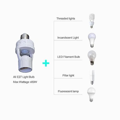 PIR Motion Sensor Light Socket, E26 E27 Smart Lamp Bulb Holder Adapter Auto On Off Light Control Suitable for Garage Basement Porch Storage Room