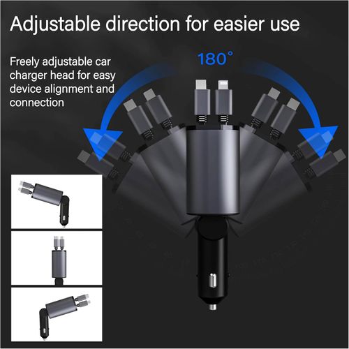 120W GaN 5-in-1 Retractable Car Charger, Dual Cig Lighter, 180° Adjust