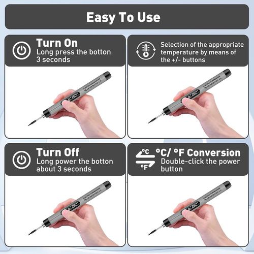 Soldering Iron Cordless USB Kit with LCD LED Temperature Display Cordless USB Soldering Iron with 1100mAh battery, LED temperature display, three gears, built-in light, auto shutoff.