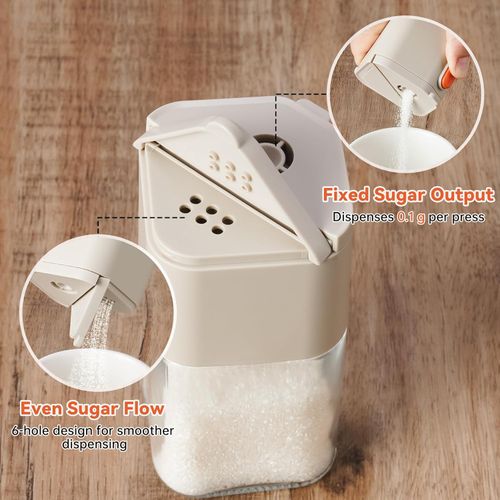 Sugar Dispenser with Dual Outlet Design, One-Hand Operation Kitchen Container for Granulated Sugar, 6oz Clear Body, Easy Refill Wide Opening for Cooking, Baking, and Beverage Use