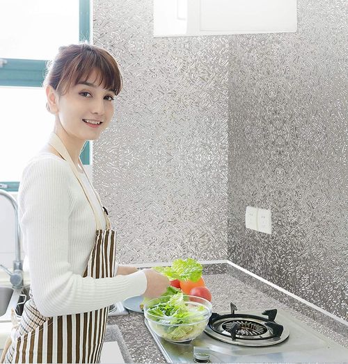 Silver self-adhesive wallpaper for kitchen backsplash, waterproofoil-proof wallpaper, metallic texture self-adhesive wallpaper, 40CM wide * 3 meters self-adhesive aluminum foil wallpaper, suitable for kitchen countertops, cabinets and drawers.(You can cut it yourself)