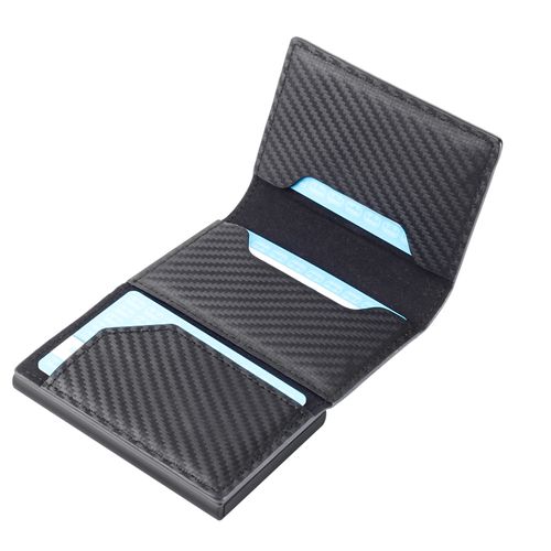 Genuine Leather Card Holder Wallet with Airtag Slot, Bank Card Holder RFID Wallet Minimalist Card Holder, Anti Lost Automatic Pop Up Aluminum Slim Pocket Bifold Business Card Case (Carbon Fiber)