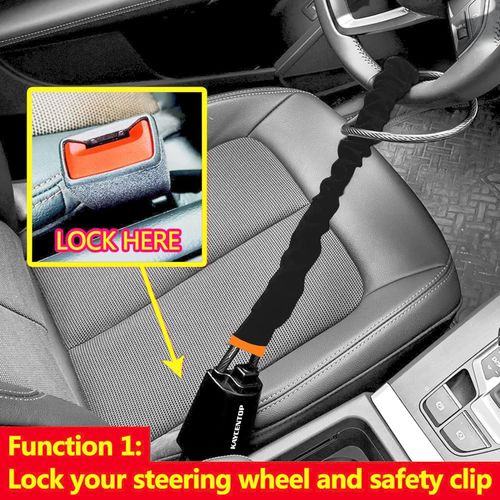 Car steering wheel lock, seat belt lock, anti-theft device, maximum length 17 inches, compact and lightweight, multi-functional, suitable for most vehicles, SUVs, golf cart security (black)