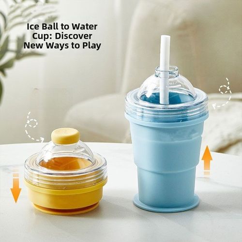2-in-1 Foldable Silicone Ice Ball Maker Cup — Reusable, Portable Ice Ball Mold with Straw Lid, Ideal for Summer Outdoor Activities (Blue)