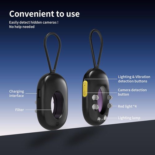 Hidden camera detector, camera detector with vibration alarm and LED flashlight, suitable for travel, hotels, home and office, 5 sensitivity levels and 3 modes.