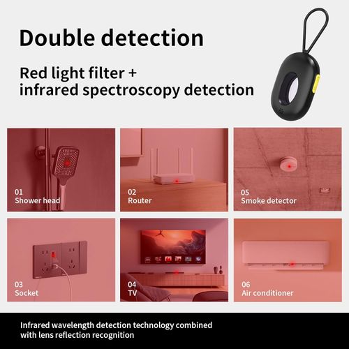 Hidden camera detector, camera detector with vibration alarm and LED flashlight, suitable for travel, hotels, home and office, 5 sensitivity levels and 3 modes.