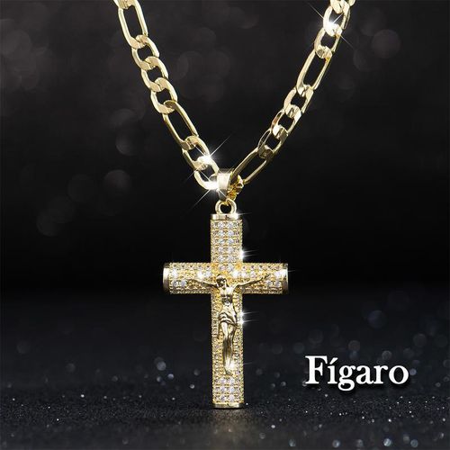 Mens Crucifix Necklace Jesus Cross Chain,14K Gold Plating Pendant Cubic Zirconia Jesus Christ Cross Crucifix Pendant, Religious Hip Hop Bling Crystals Jewelry Gift for Easter Christmas