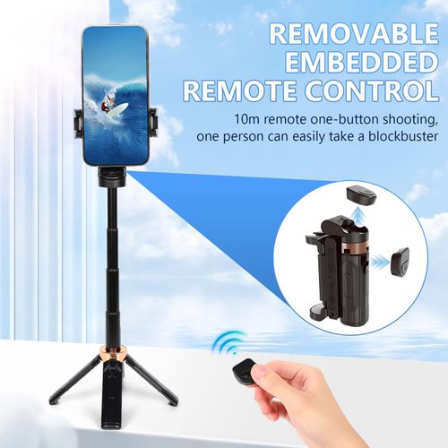 Mini Selfie Stick Tripod, Floor-Standing Quadripod for Taking Photos, with Detachable Embedded Remote Control, 3-in-1 Travel Portable Pocket Tripod (Black)