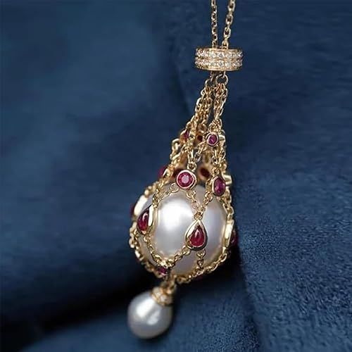 Pearl and Gemstone Lavalier Pendant, Handmade Natural Pearl Cage Necklace, Adjustable Metal Braided Mesh Crystal Stand Necklace