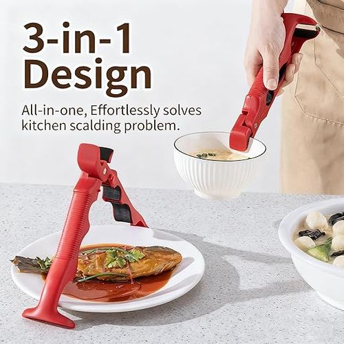 Hot Plate Grippers 3-in-1 Non-Slip Anti Scald Bowl Holder Clip with Lock Multi-Purpose Kitchen Gadgets, 8.7in Hot Plate Grabber Tool