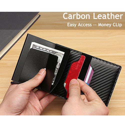 Genuine Leather Card Holder Wallet with Airtag Slot, Bank Card Holder RFID Wallet Minimalist Card Holder, Anti Lost Automatic Pop Up Aluminum Slim Pocket Bifold Business Card Case (Carbon Fiber)