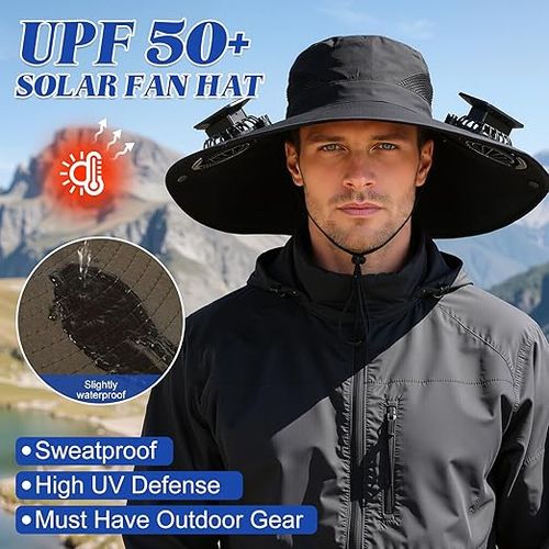 Solar-powered fan hat, men's and women's solar-powered fan hat, wide-brimmed sun hat with 2 solar fans, 2-in-1 hands-free hat fan.