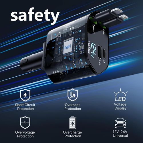 120W GaN 5-in-1 Retractable Car Charger, Dual Cig Lighter, 180° Adjust