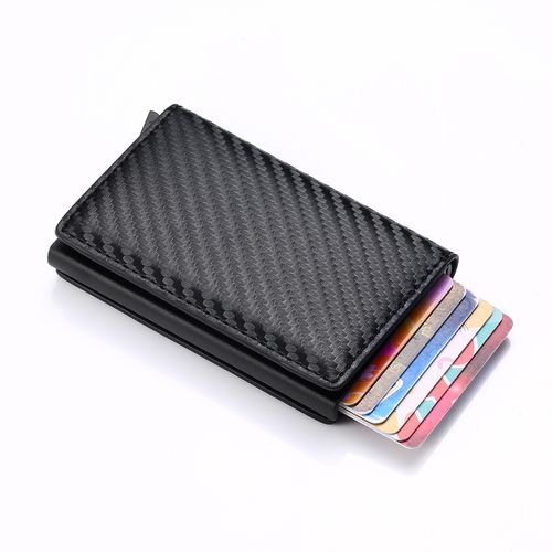 Genuine Leather Card Holder Wallet with Airtag Slot, Bank Card Holder RFID Wallet Minimalist Card Holder, Anti Lost Automatic Pop Up Aluminum Slim Pocket Bifold Business Card Case (Carbon Fiber)