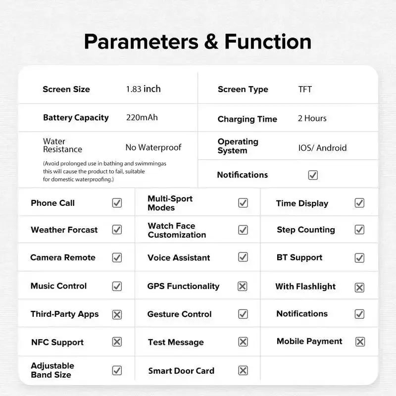 Smart watch, wireless calling dialing, multi sport mode, call reminder and rejection, SMS reminder, message reminder, various APP reminders