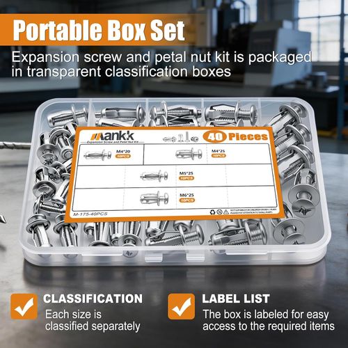 40PCS Expansion Screw and Petal Nut Kit M4 M5 M6 Jack Car Metal Screw Petal Shape Metal Nut Anchor Screw for Hollow Wall Iron Skin Plasterboard M-175-40PCS