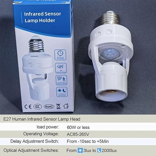 PIR Motion Sensor Light Socket, E26 E27 Smart Lamp Bulb Holder Adapter Auto On Off Light Control Suitable for Garage Basement Porch Storage Room