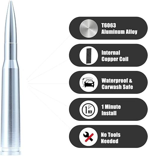 4.2-Inch Car Bullet Antenna — Universal-Fit, Thickened Aluminum Alloy Short Replacement Antenna (Silver) | .50 Caliber Pickup Bullet Antenna — Compatible with Ford, Short Replacement Antenna