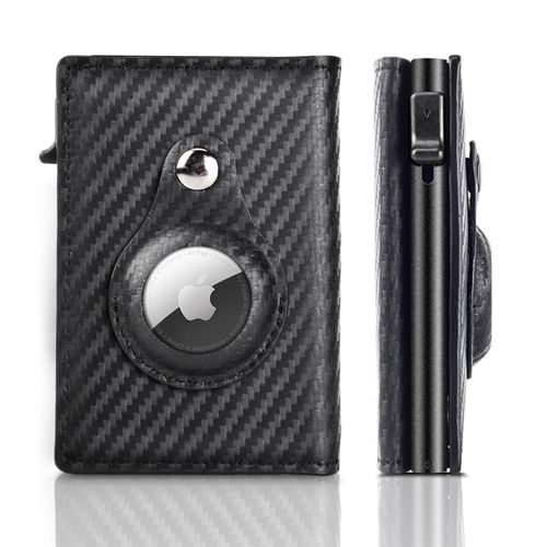 Genuine Leather Card Holder Wallet with Airtag Slot, Bank Card Holder RFID Wallet Minimalist Card Holder, Anti Lost Automatic Pop Up Aluminum Slim Pocket Bifold Business Card Case (Carbon Fiber)