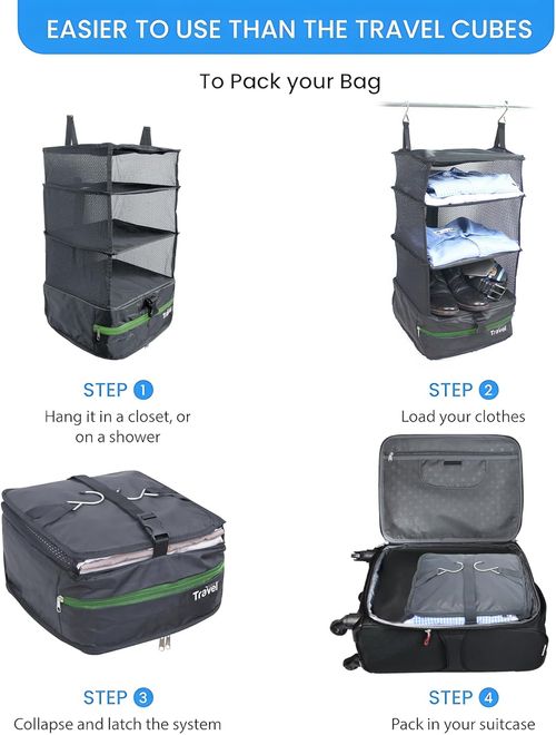 Packing Organizer for Luggage, Portable Hanging Travel Shelves, Carry-On Closet, Hanging Packing Cubes, Collapsible Carry-On Organizer for Cruises & Hotels. Dark Gray - L