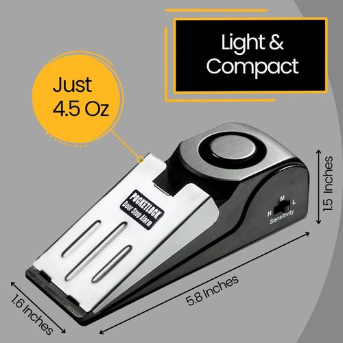 Door Stop Alarm with 120 dB Siren – Portable Travel Door Stopper Alarm Wedge for Hotel, Apartment & Dorm Security – Battery-Operated, Black, 1-Pack