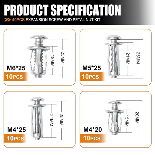 40PCS Expansion Screw and Petal Nut Kit M4 M5 M6 Jack Car Metal Screw Petal Shape Metal Nut Anchor Screw for Hollow Wall Iron Skin Plasterboard M-175-40PCS