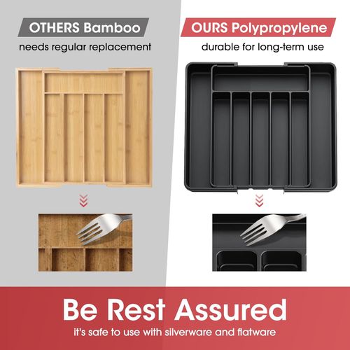 Silverware Organizer - Expandable Kitchen Drawer Organizer, Adjustable Utensil Organizer, Cutlery Tray for Forks, Knives, Multipurpose Kitchen Organizers and Storage Solution, Black, Medium