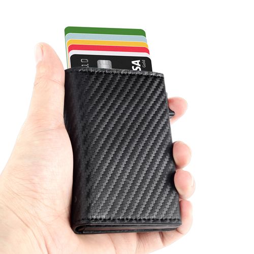 Genuine Leather Card Holder Wallet with Airtag Slot, Bank Card Holder RFID Wallet Minimalist Card Holder, Anti Lost Automatic Pop Up Aluminum Slim Pocket Bifold Business Card Case (Carbon Fiber)