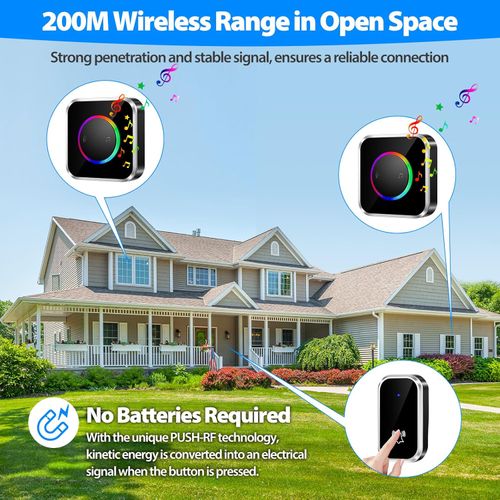 Non sono necessarie batterie Campanello senza fili, kit campanello elettronico impermeabile con 1 ricevitori plug-in, portata 200M, 60 melodie a 4 livelli di volume per casa, ufficio, hotel