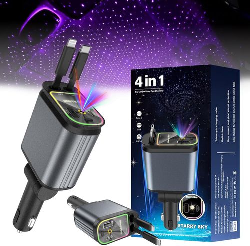Starry Sky 4 in 1 Car Charger, Starry Sky Projector, Retractable Car Charger, USB C Quick Charger, Car Accessories