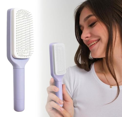 Self Cleaning Hair Brush For Women,Retractable Hair Brush,Self Cleaning Brush,Anti Static Brush,Anti Static Massage Brush,Comfortable Handle Design For Messy Hair(Purple)