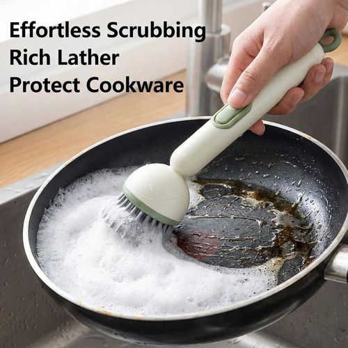 6-in-1 Rotatable Dish Brush with Detergent Dispenser,360° Rotating Scrubber for Pots Pans Dishes & Utensils,Adjustable Angles Non-Slip Grip Handle Comes with Wall Mount,with Wall Mount (Green)