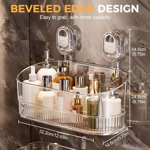 No-Drill Bathroom Suction Storage Box, Large Capacity Strong Load-Bearing Suction Cup Storage Rack with Drain Holes, Removable Shower Caddy Hanging Wall Mount Shower and Kitchen Organizer (Gray)