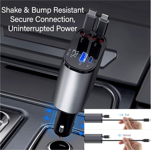 120W GaN 5-in-1 Retractable Car Charger, Dual Cig Lighter, 180° Adjust