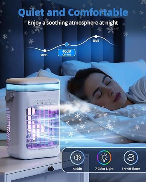 Portable Air Conditioners, Personal Mini Air Cooler Cooling Fan with 3 Speeds, 1L Evaporative Air Conditioner, 7 LED Light, 2 Cool Mist Air Conditioners Humidifier Fan Room Bedroom Office (White)