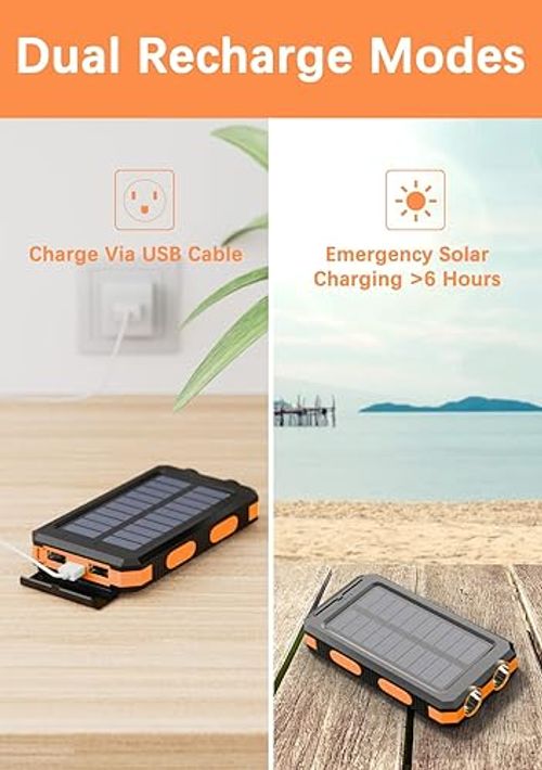 Portable Solar Power Bank 20000mAh Waterproof Dual LED Flashlight USB Charger for Camping, Hiking & Emergency Outdoor Backup Battery Pack