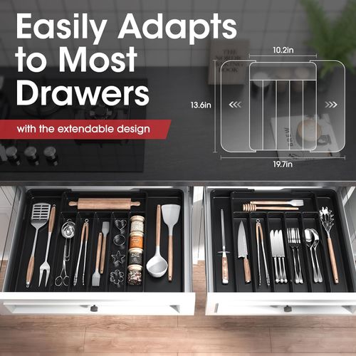 Silverware Organizer - Expandable Kitchen Drawer Organizer, Adjustable Utensil Organizer, Cutlery Tray for Forks, Knives, Multipurpose Kitchen Organizers and Storage Solution, Black, Medium
