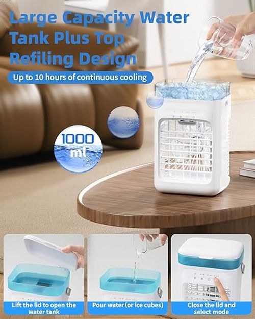 Portable Air Conditioners, Personal Mini Air Cooler Cooling Fan with 3 Speeds, 1L Evaporative Air Conditioner, 7 LED Light, 2 Cool Mist Air Conditioners Humidifier Fan Room Bedroom Office (White)