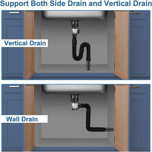 Kitchen Sink Drain Hose Basin Odor Isolation Drain Sink Wash Basin Universal Horizontal and Vertical Drain Pipes(Black)