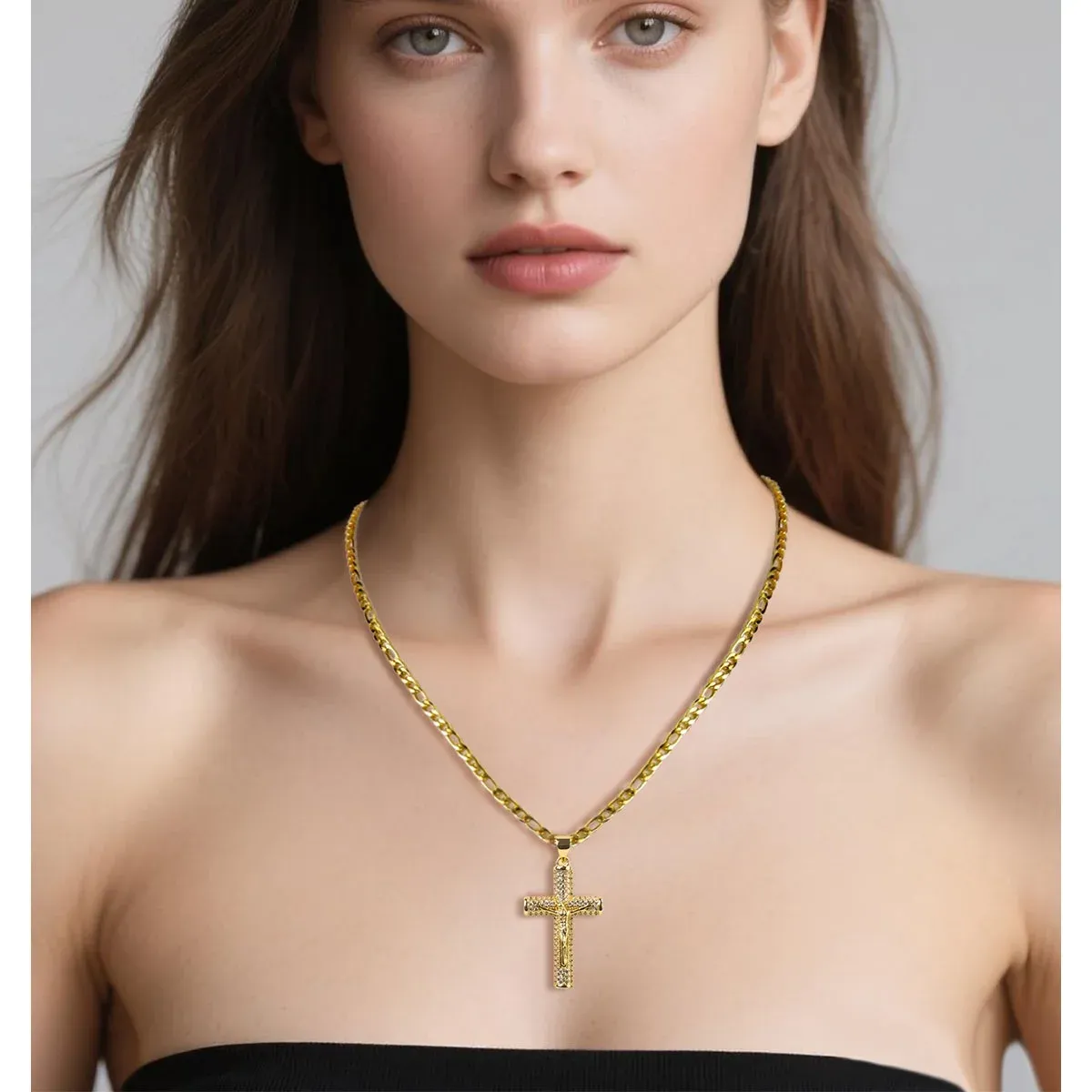 Mens Crucifix Necklace Jesus Cross Chain,14K Gold Plating Pendant Cubic Zirconia Jesus Christ Cross Crucifix Pendant, Religious Hip Hop Bling Crystals Jewelry Gift for Easter Christmas