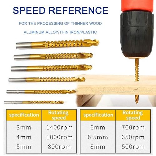 6pc Titanium Twist Drill Bit Set 3-8mm HSS Sawtooth Bits for Wood Metal Plastic Hole Saws