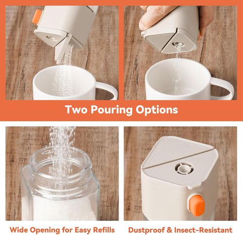Sugar Dispenser with Dual Outlet Design, One-Hand Operation Kitchen Container for Granulated Sugar, 6oz Clear Body, Easy Refill Wide Opening for Cooking, Baking, and Beverage Use