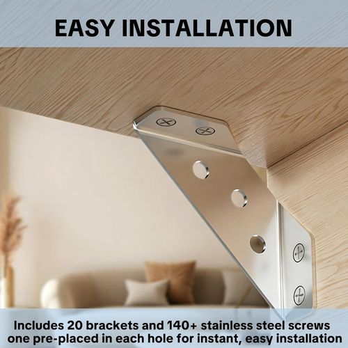 box 20 Pack Aluminum Corner Brace 90 Degree with 140 Screws, L Shape Angle Bracket for Furniture Wood Cabinet Drawer, Silver