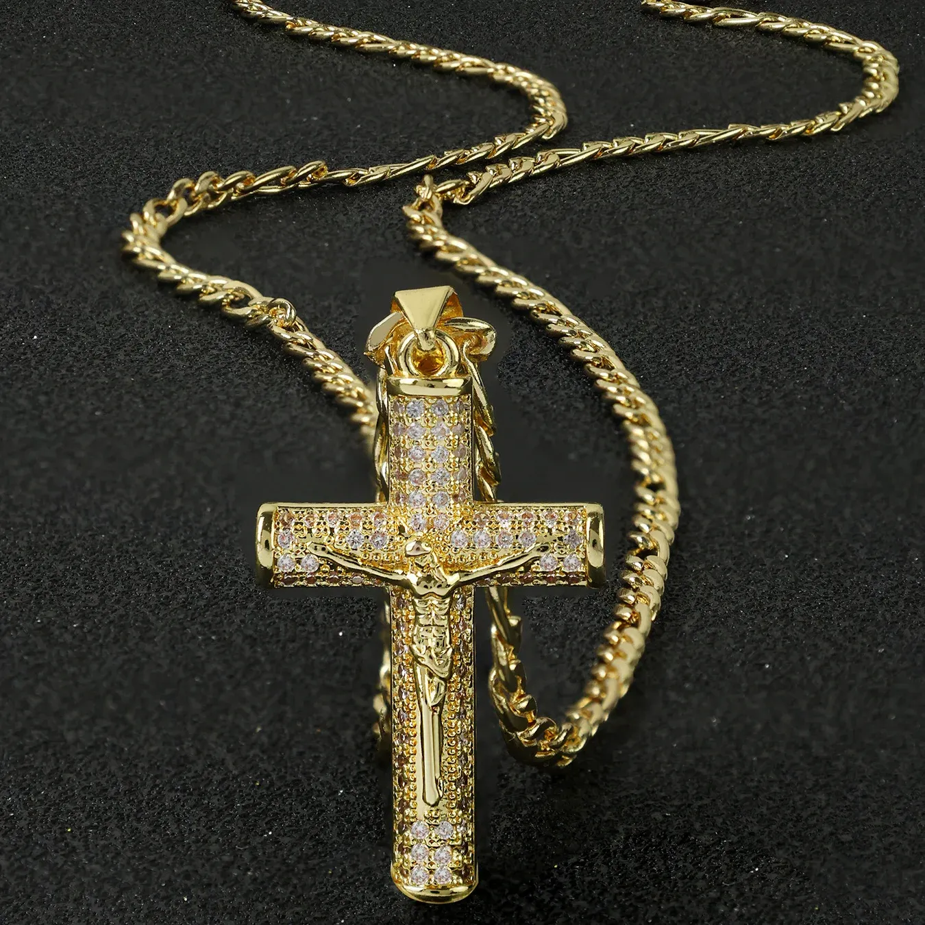Mens Crucifix Necklace Jesus Cross Chain,14K Gold Plating Pendant Cubic Zirconia Jesus Christ Cross Crucifix Pendant, Religious Hip Hop Bling Crystals Jewelry Gift for Easter Christmas
