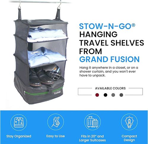 Packing Organizer for Luggage, Portable Hanging Travel Shelves, Carry-On Closet, Hanging Packing Cubes, Collapsible Carry-On Organizer for Cruises & Hotels. Dark Gray - L
