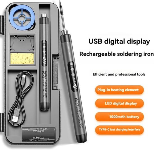 Soldering Iron Cordless USB Kit with LCD LED Temperature Display Cordless USB Soldering Iron with 1100mAh battery, LED temperature display, three gears, built-in light, auto shutoff.