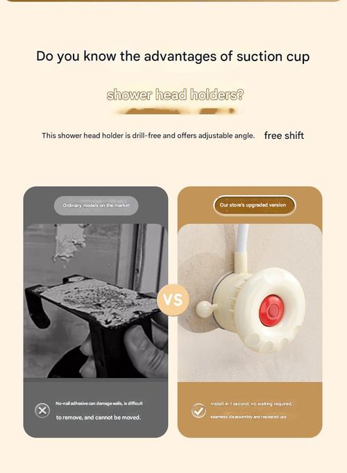 Movable suction cup shower head bracket, wall-mounted, no-drill shower head base holder for home bathrooms.