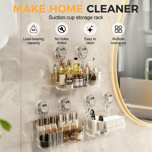 No-Drill Bathroom Suction Storage Box, Large Capacity Strong Load-Bearing Suction Cup Storage Rack with Drain Holes, Removable Shower Caddy Hanging Wall Mount Shower and Kitchen Organizer (Gray)