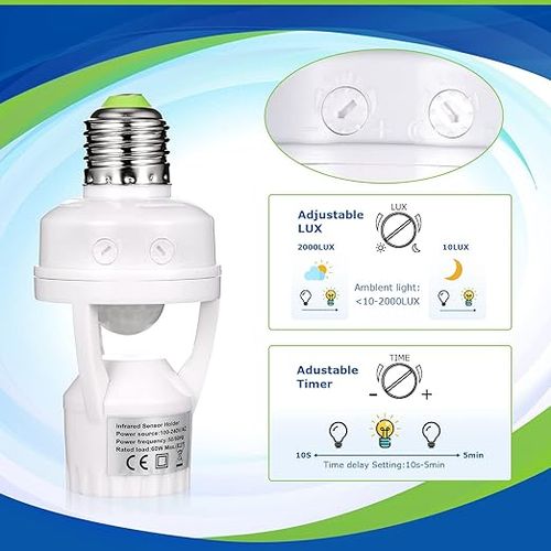 PIR Motion Sensor Light Socket, E26 E27 Smart Lamp Bulb Holder Adapter Auto On Off Light Control Suitable for Garage Basement Porch Storage Room