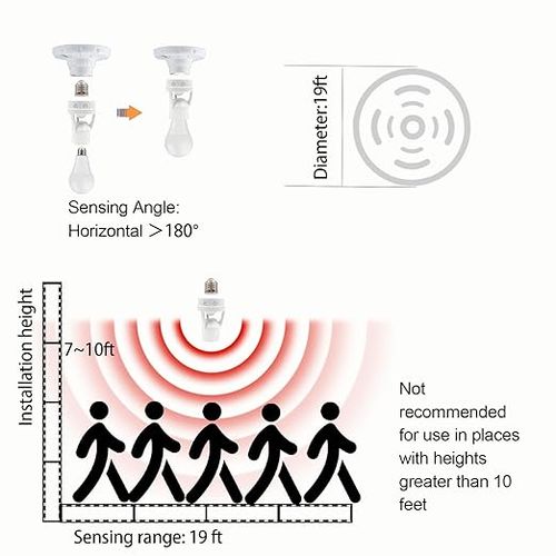PIR Motion Sensor Light Socket, E26 E27 Smart Lamp Bulb Holder Adapter Auto On Off Light Control Suitable for Garage Basement Porch Storage Room